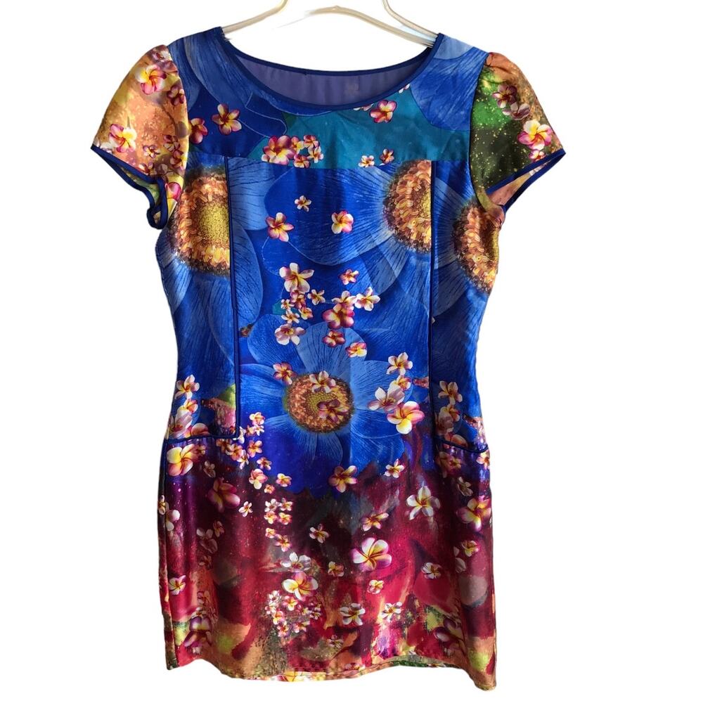 Silk Sheath Dress Unbranded with Vivid Bright Colors Stars and Flowers size L ?